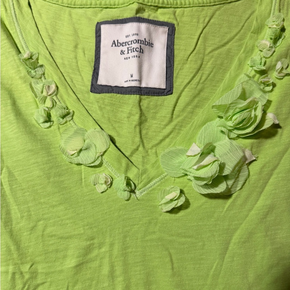 Abercrombie & Fitch‎ lime green short sleeve V-neck T-shirt floral design medium - Picture 2 of 7